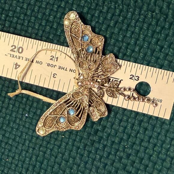 10 Butterfly Metal Christmas Ornaments Filigree Blue Jewels Set of 10 - Picture 6 of 7